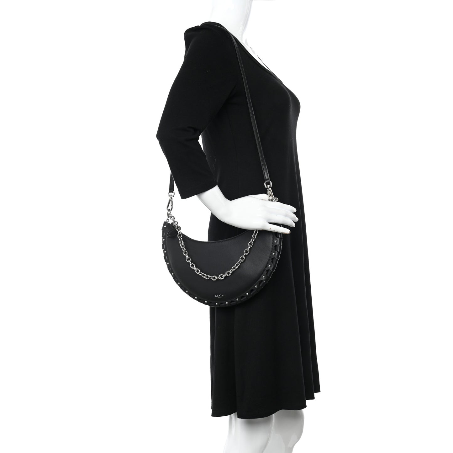 Calfskin Studded Chain Demi Lune Bag Black