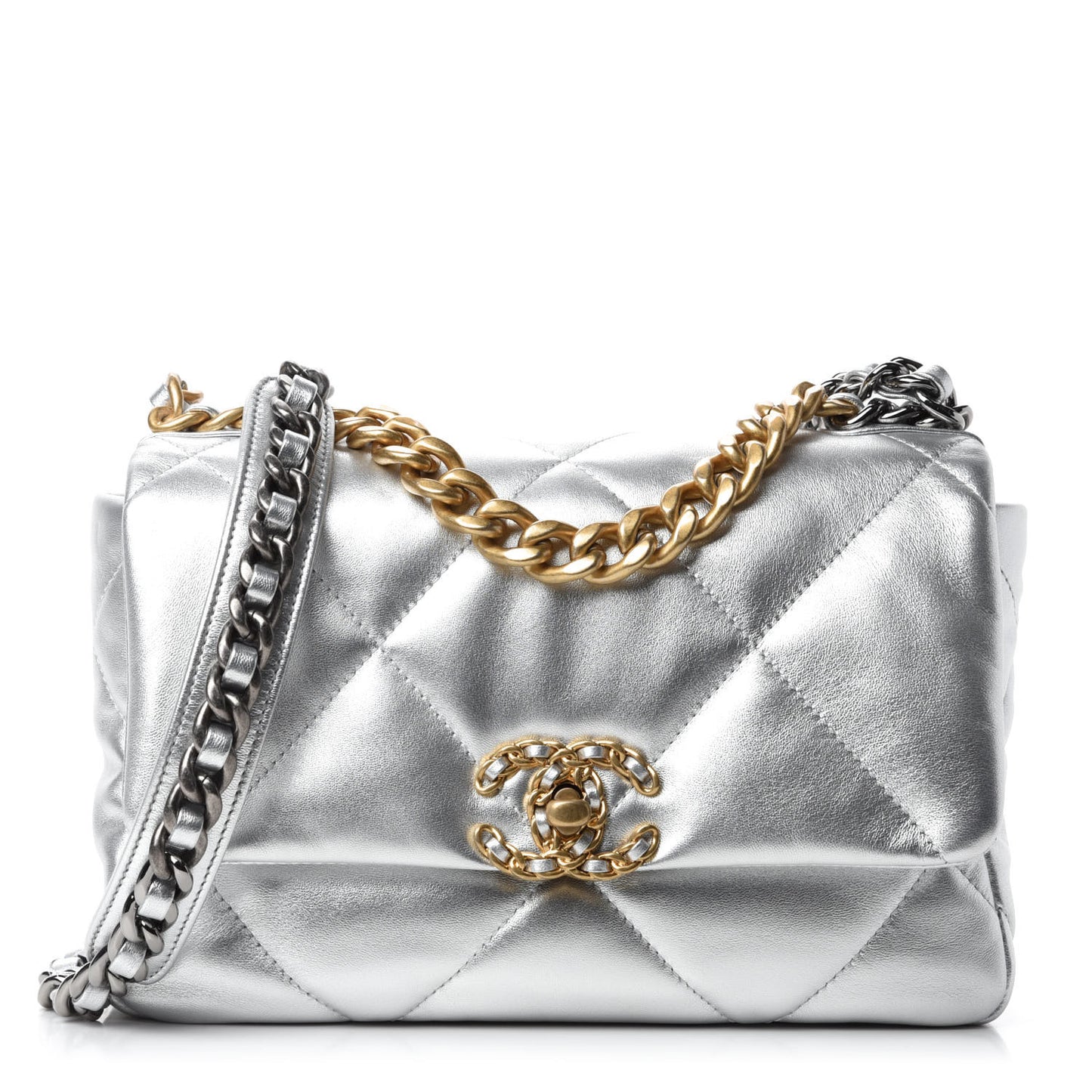 Metallic Lambskin Quilted Medium Chanel 19 Flap Silver