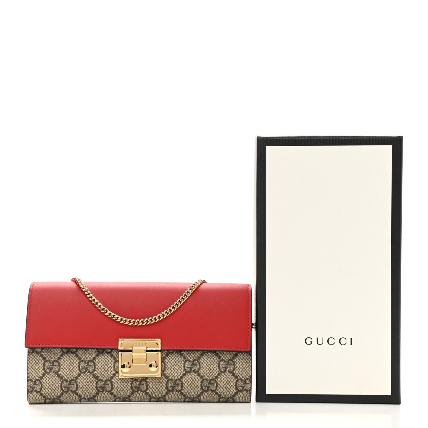 GG Supreme Monogram Moon Calfskin Padlock Continental Chain Wallet Beige Ebony Hibiscus Red New Rosette