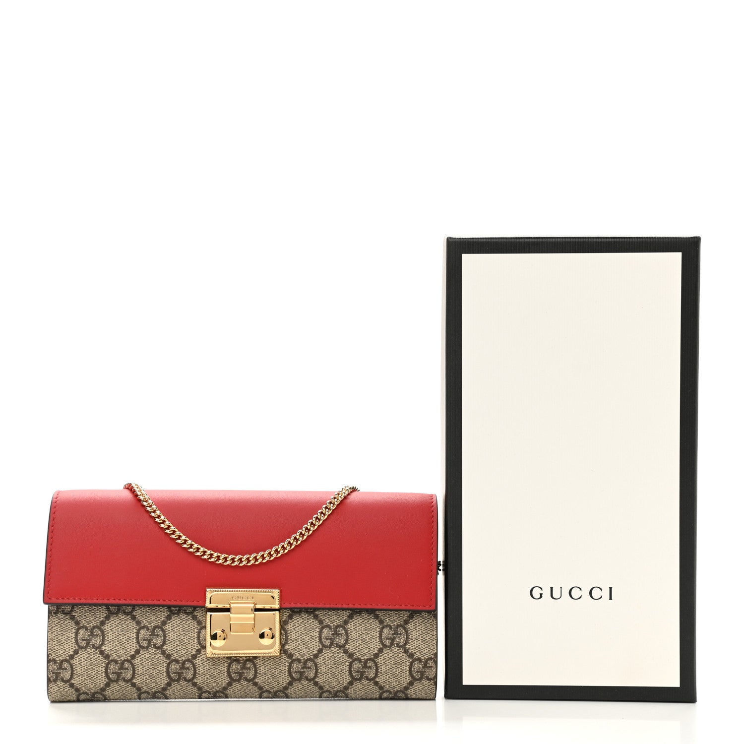 Gucci GG Supreme Monogram Moon Calfskin Padlock Continental Chain Wallet Beige Ebony Hibiscus Red New Rosette 11 of 11
