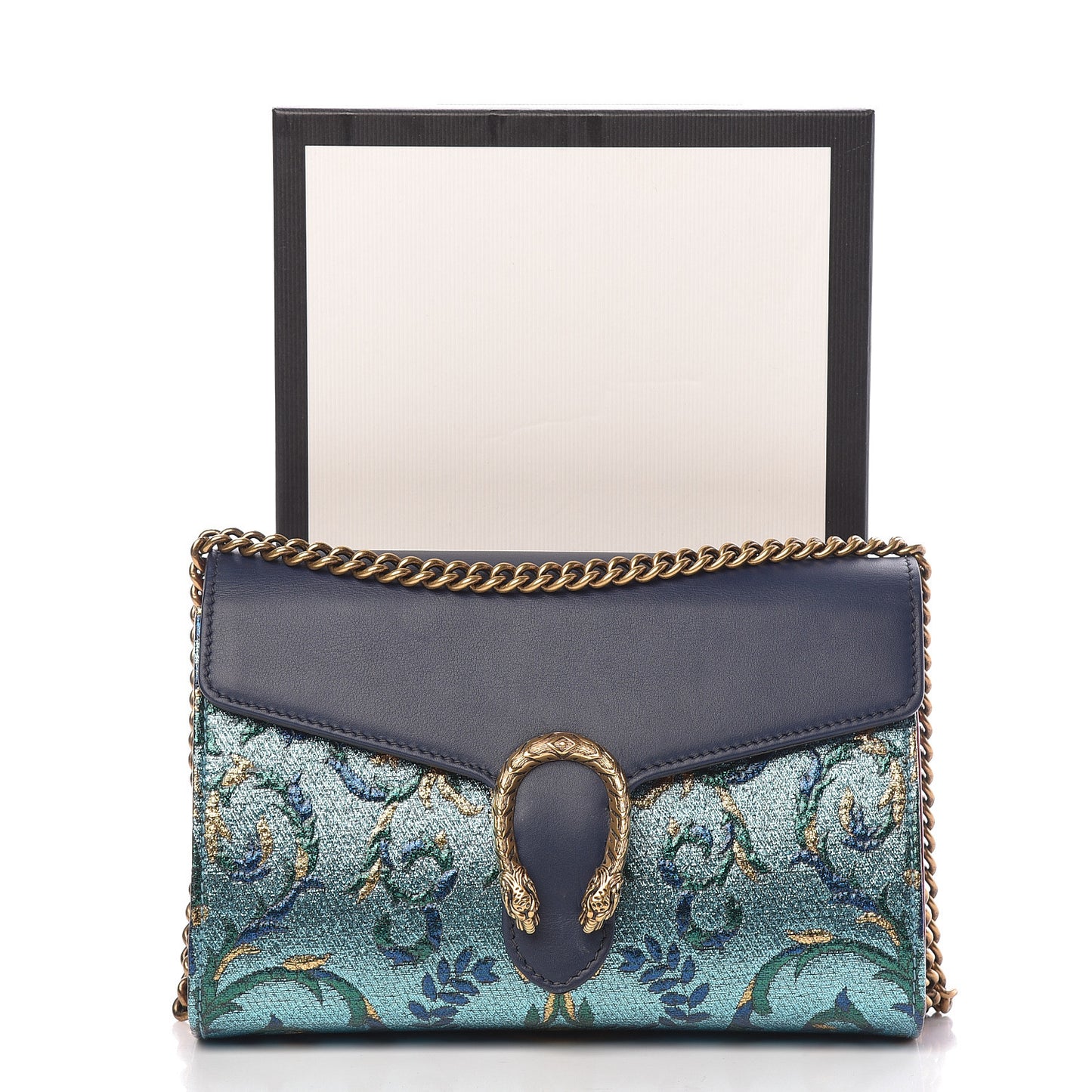 Metallic Brocade Calfskin Mini Dionysus Chain Wallet Black Blue Azure