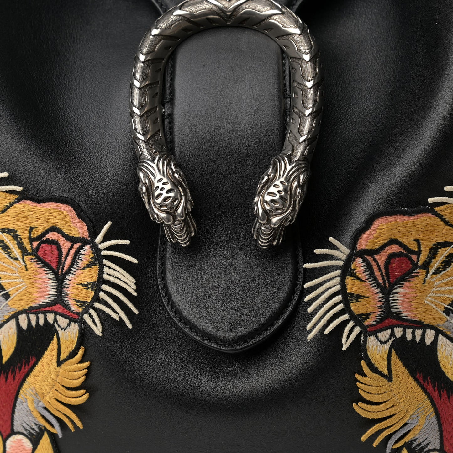 Calfskin Web Tiger Embroidered Extra Large Dionysus Hobo Black