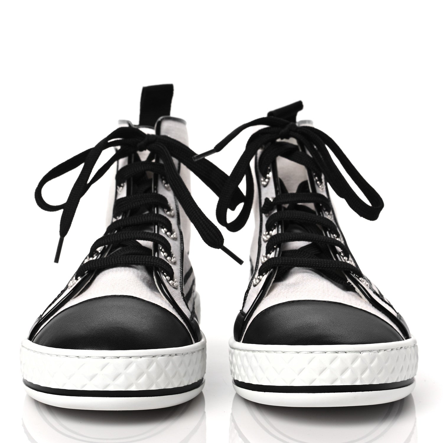 Chanel Fabric Lambskin Lace Up Cap Toe Sneakers 37 White Black 2 of 6