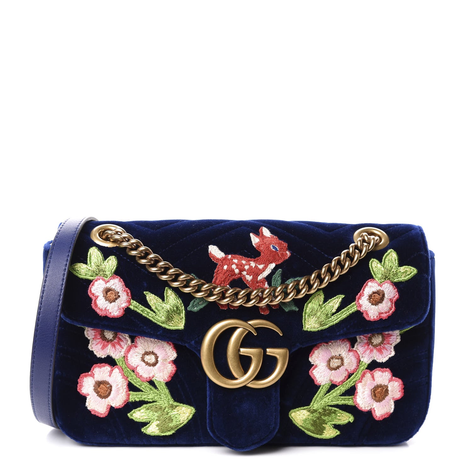 Gucci Velvet Matelasse Deer Embroidered Small GG Marmont Shoulder Bag Cobalt 1 of 10