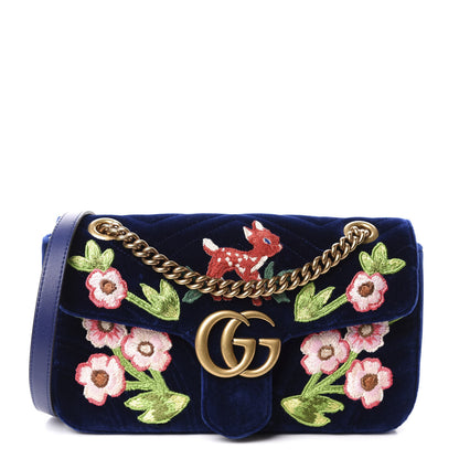 Gucci Velvet Matelasse Deer Embroidered Small GG Marmont Shoulder Bag Cobalt 1 of 10