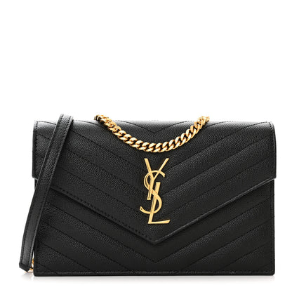 Saint Laurent Grain De Poudre Matelasse Chevron Monogram Envelope Chain Wallet Black 1 of 11
