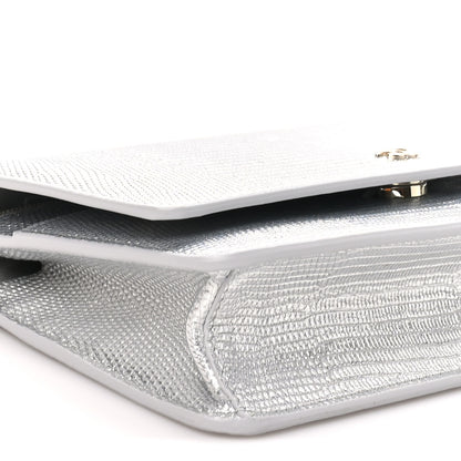 Chanel Calfskin Lizard Embossed Wallet on Chain WOC Silver 10 of 11