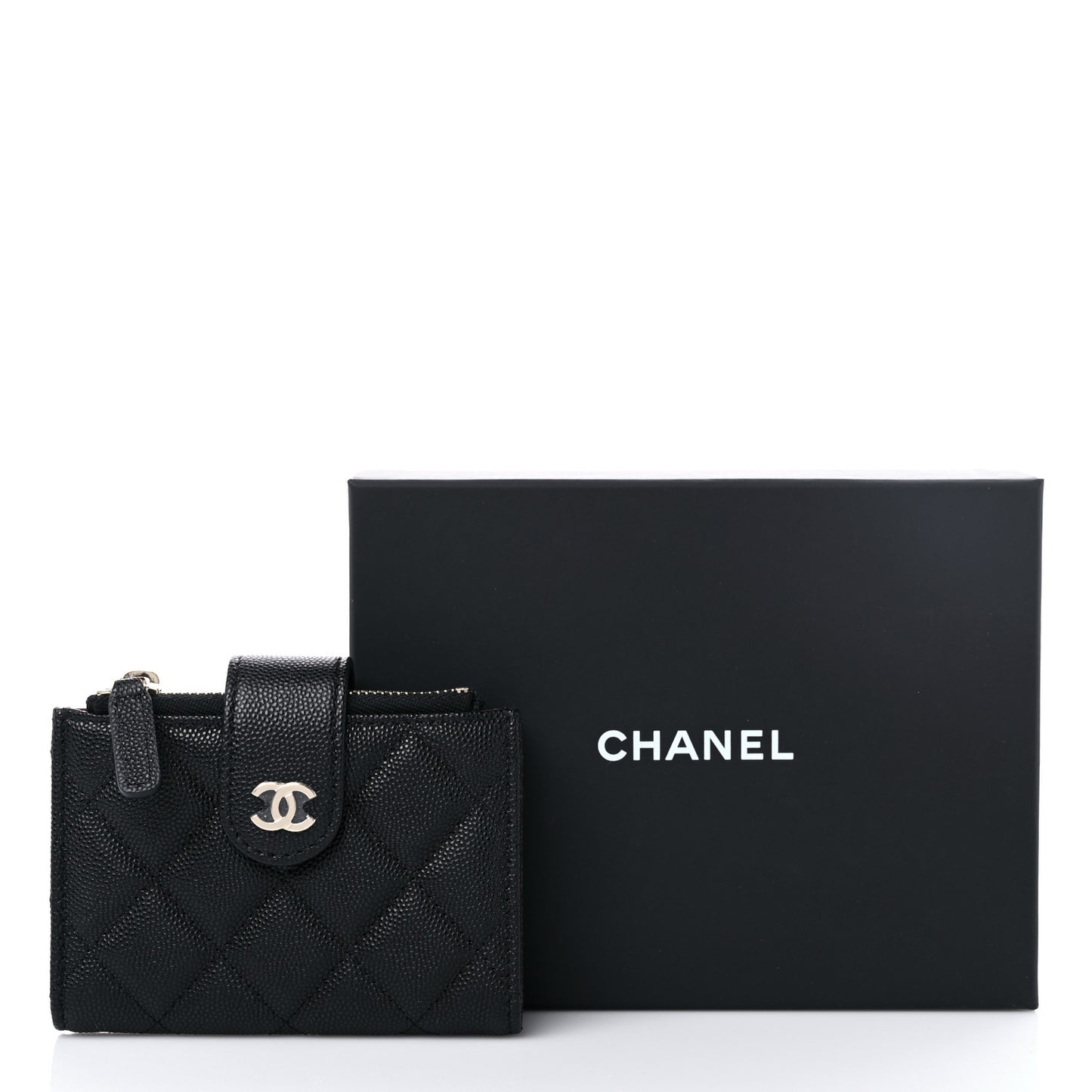 Caviar Quilted Compact Zipped Pocket Wallet Black