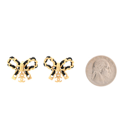 Chanel Lambskin Chain Bow Stud Earrings Black Gold 3 of 6