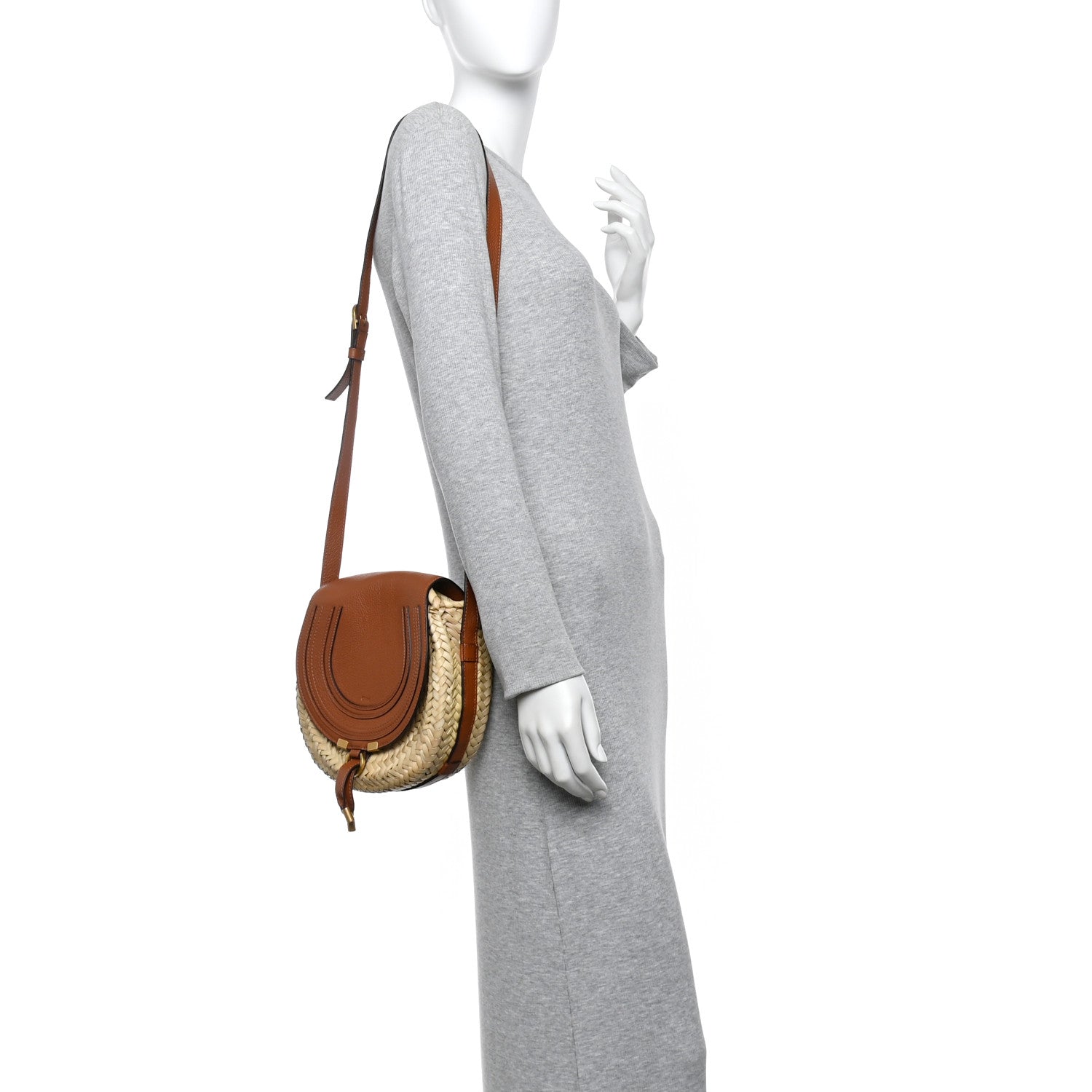 Chloe Raffia Small Grain Calfskin Small Marcie Basket Crossbody Tan 2 of 11