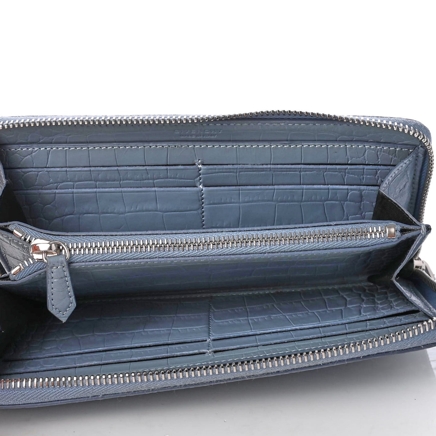 Crocodile Embossed Calfskin Zip Around Wallet Light Blue