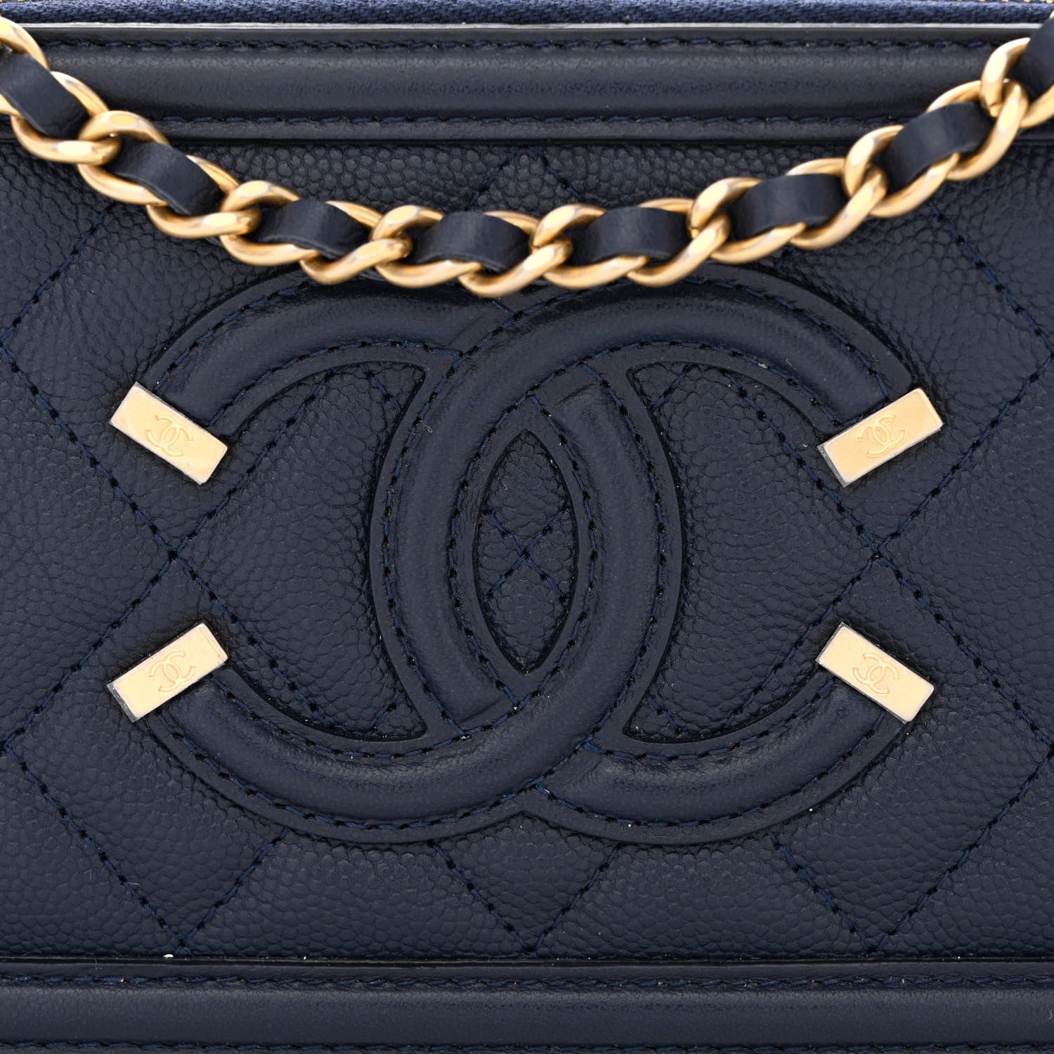 Chanel Caviar Quilted CC Filigree Clutch With Chain Navy 10 of 12