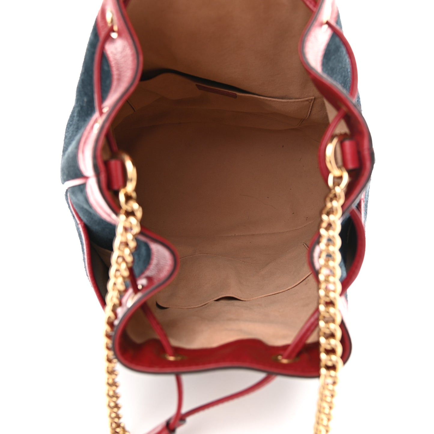 Suede Calfskin Web Medium Rajah Bucket Bag New Blue Romantic Cherry