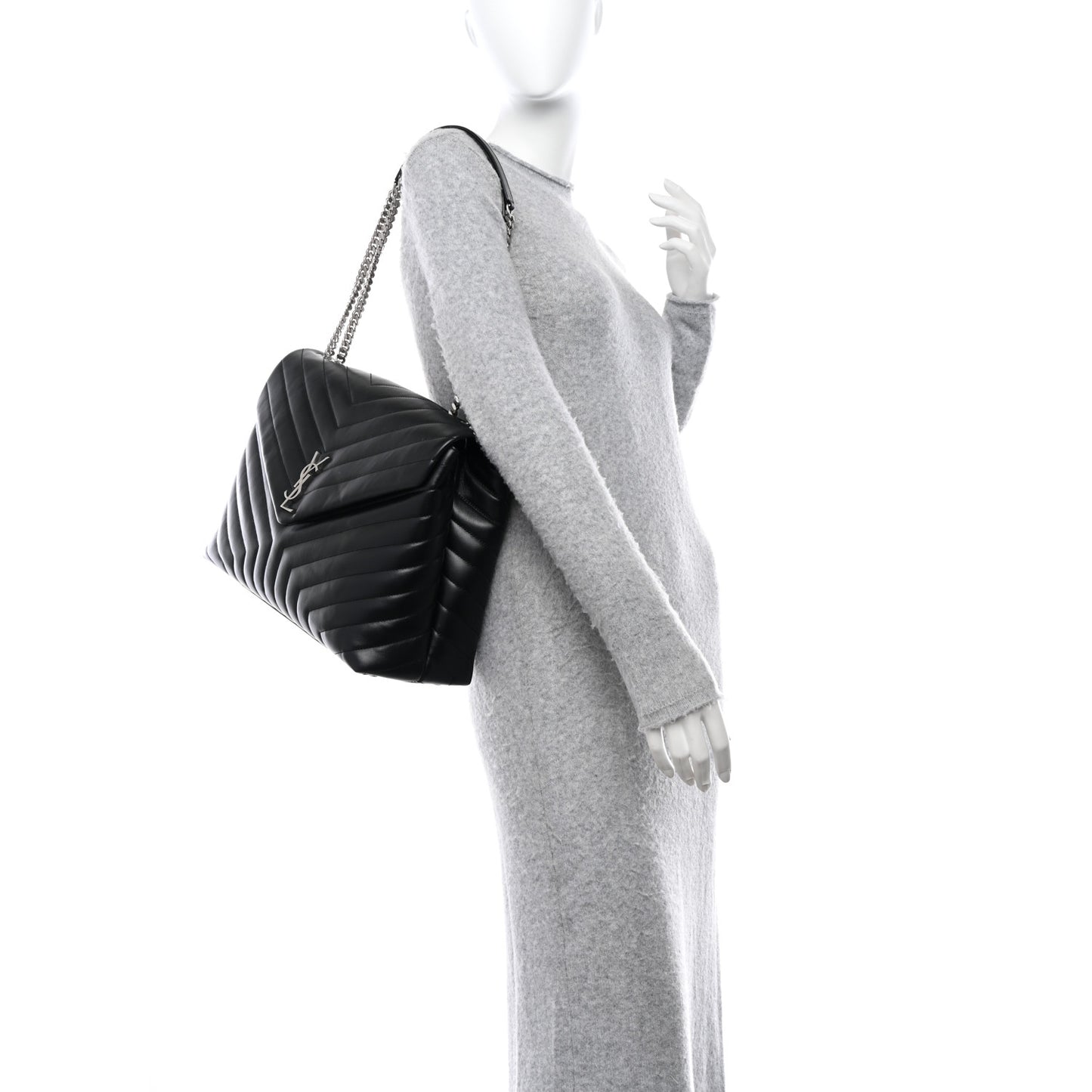 SAINT LAURENT Calfskin Y Quilted Monogram Large Loulou Chain Satchel Black