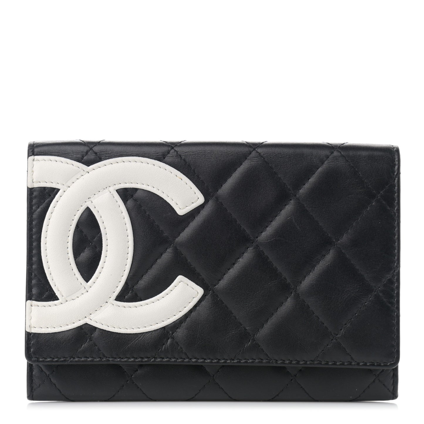 Calfskin Quilted Cambon Flap Wallet Black White