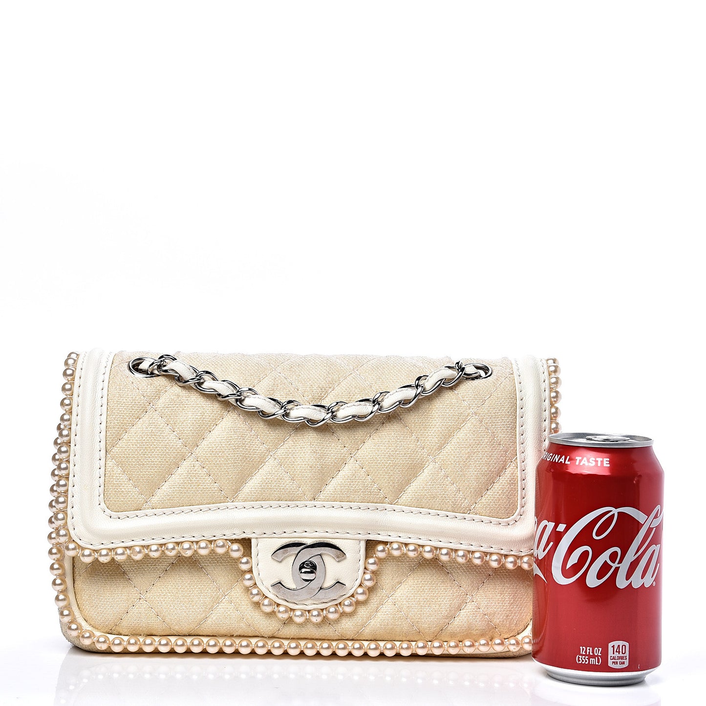 Canvas Quilted Pearl Trim Medium Flap Beige