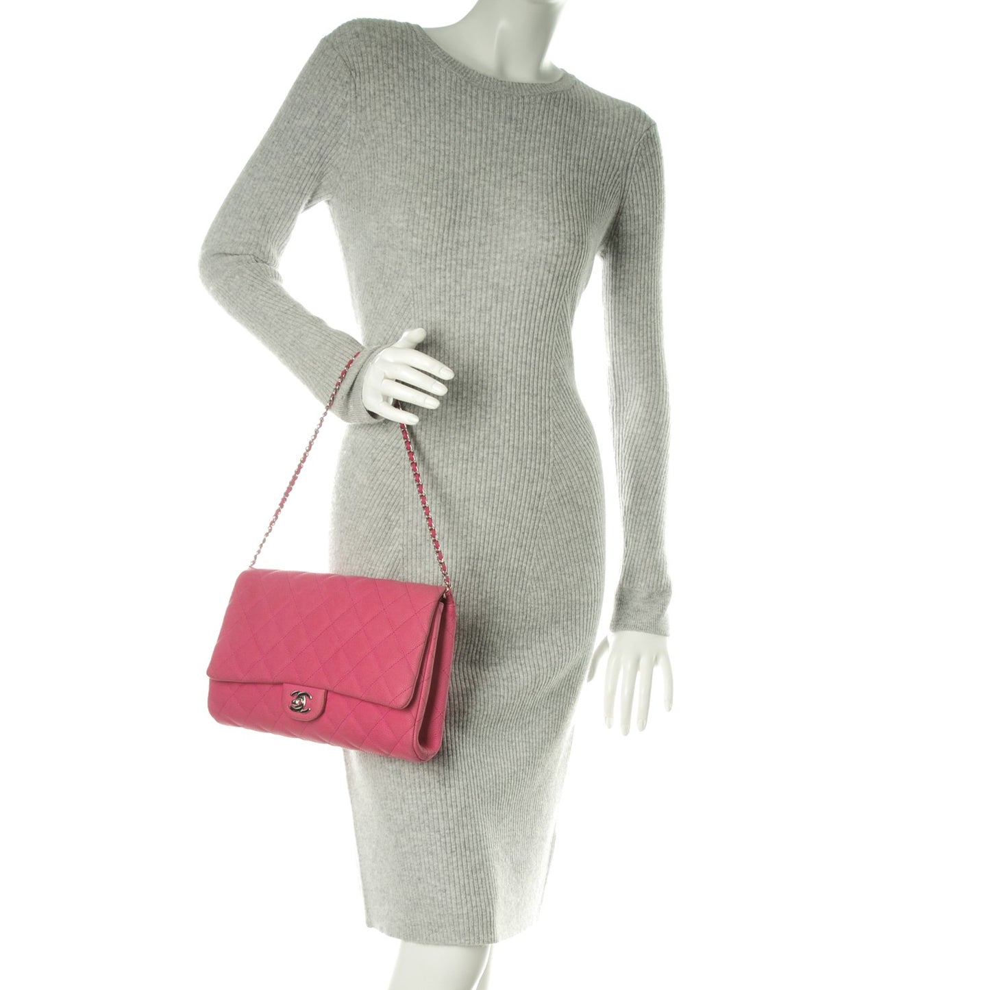 Iridescent Caviar Clutch with Chain Flap Pink