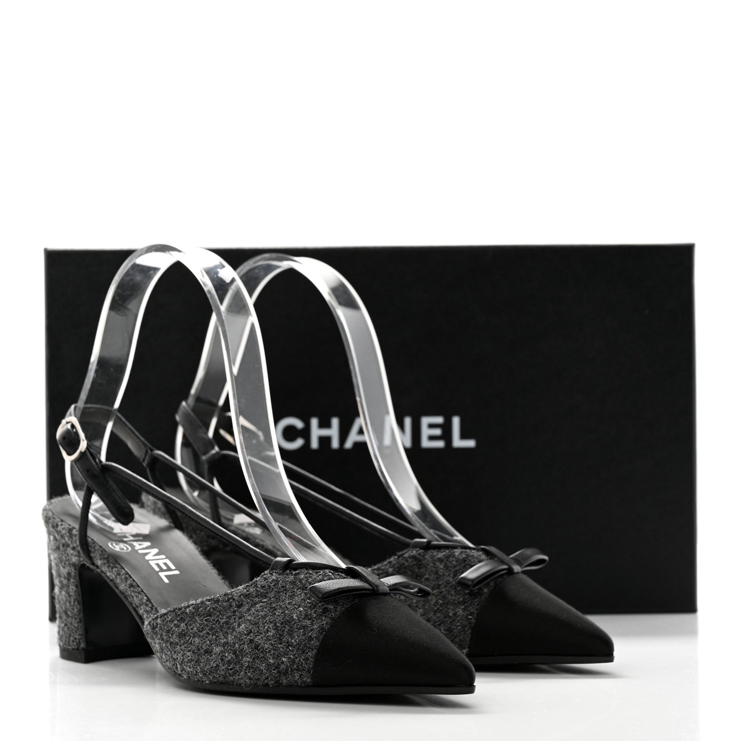 Tweed Satin Slingback Cap Toe Bow Pumps 36.5 Grey Black