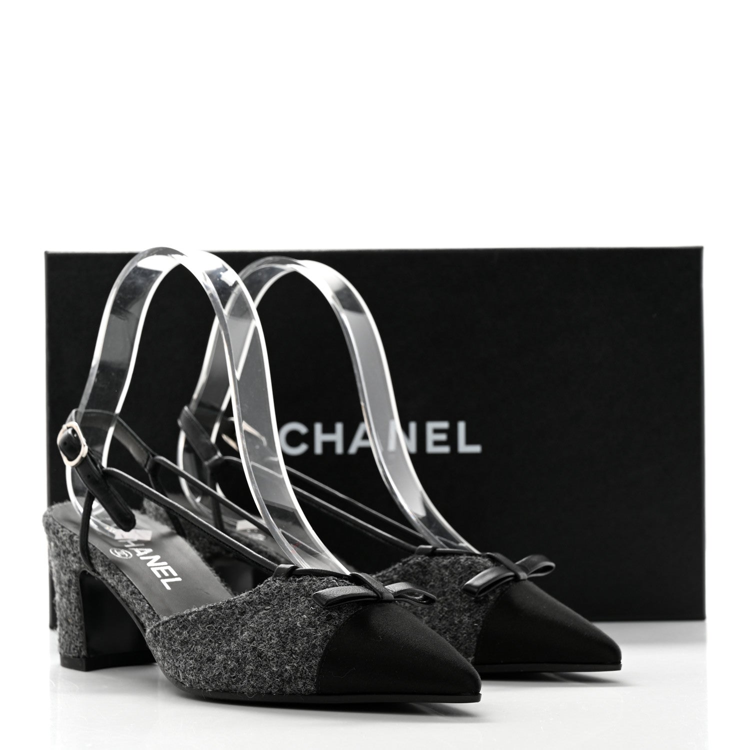 Chanel Tweed Satin Slingback Cap Toe Bow Pumps 36.5 Grey Black 9 of 9