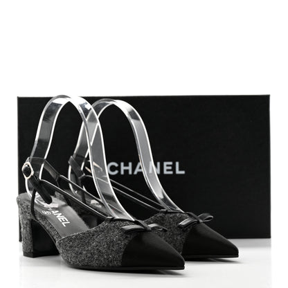 Chanel Tweed Satin Slingback Cap Toe Bow Pumps 36.5 Grey Black 9 of 9
