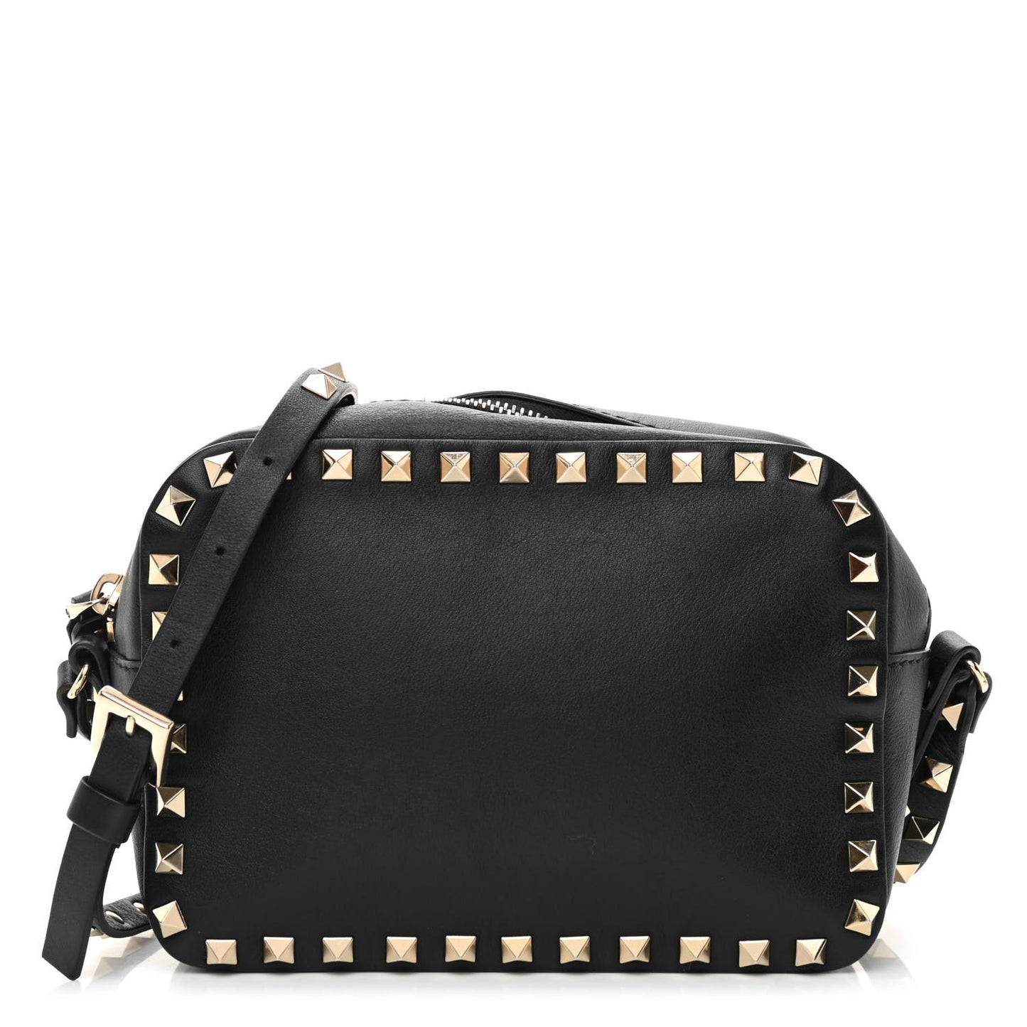Pebbled Calfskin Rockstud Camera Crossbody Bag Black