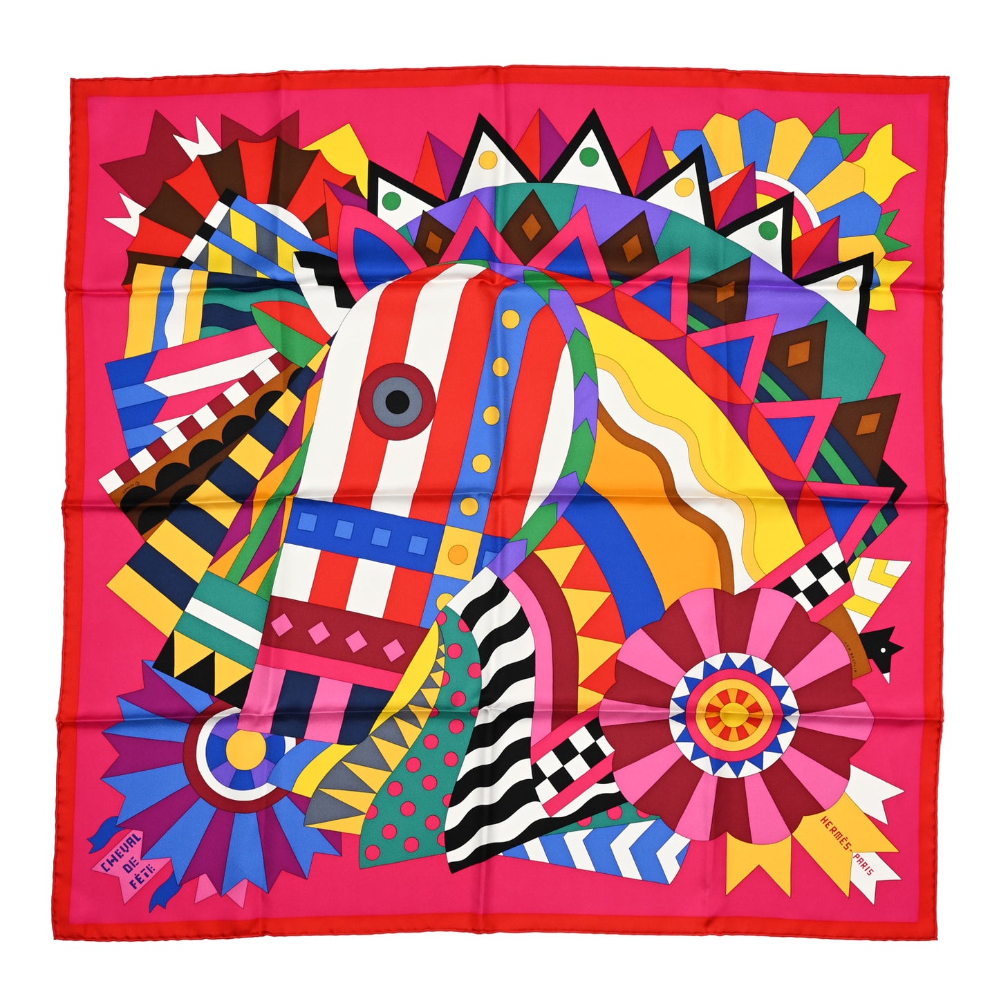 Silk Cheval De Fete Scarf 90 Fuchsia Rouge Multicolor