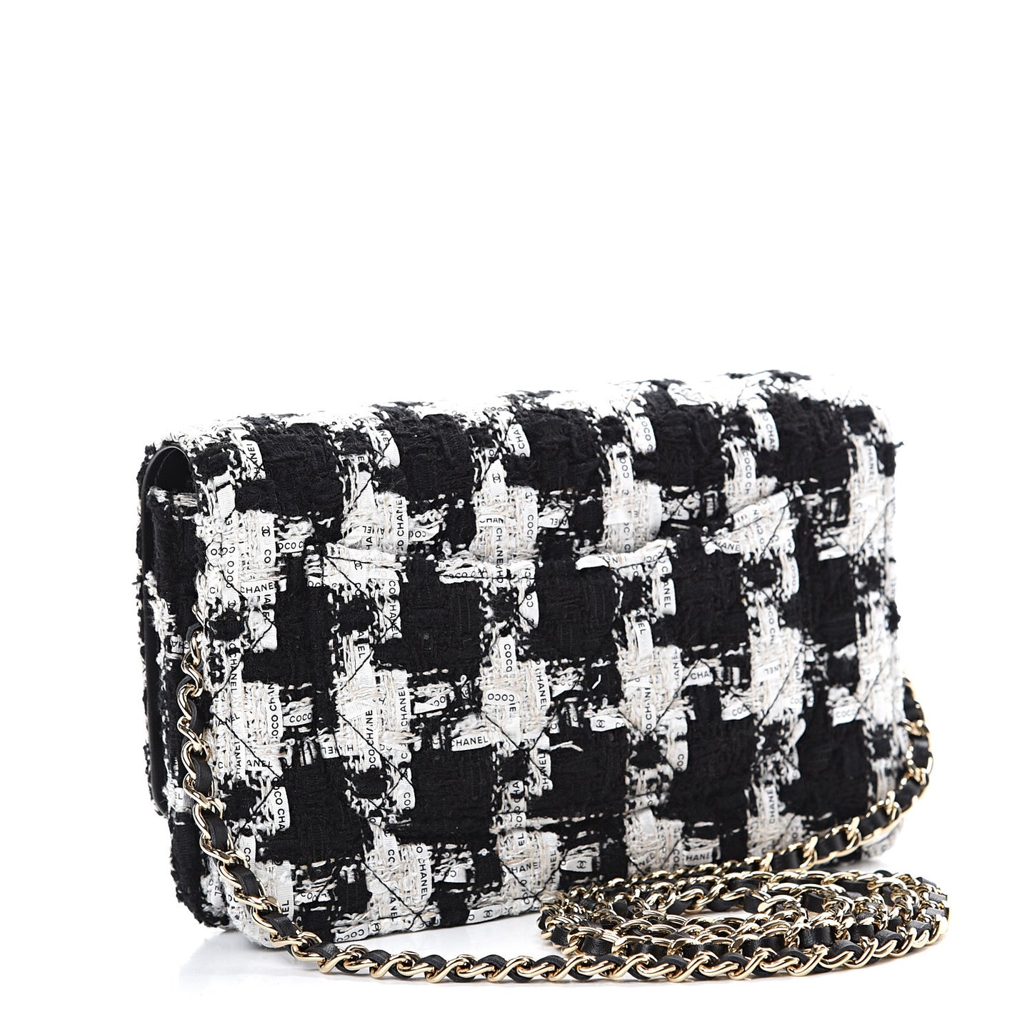 Tweed Quilted Wallet On Chain WOC Black Ecru White