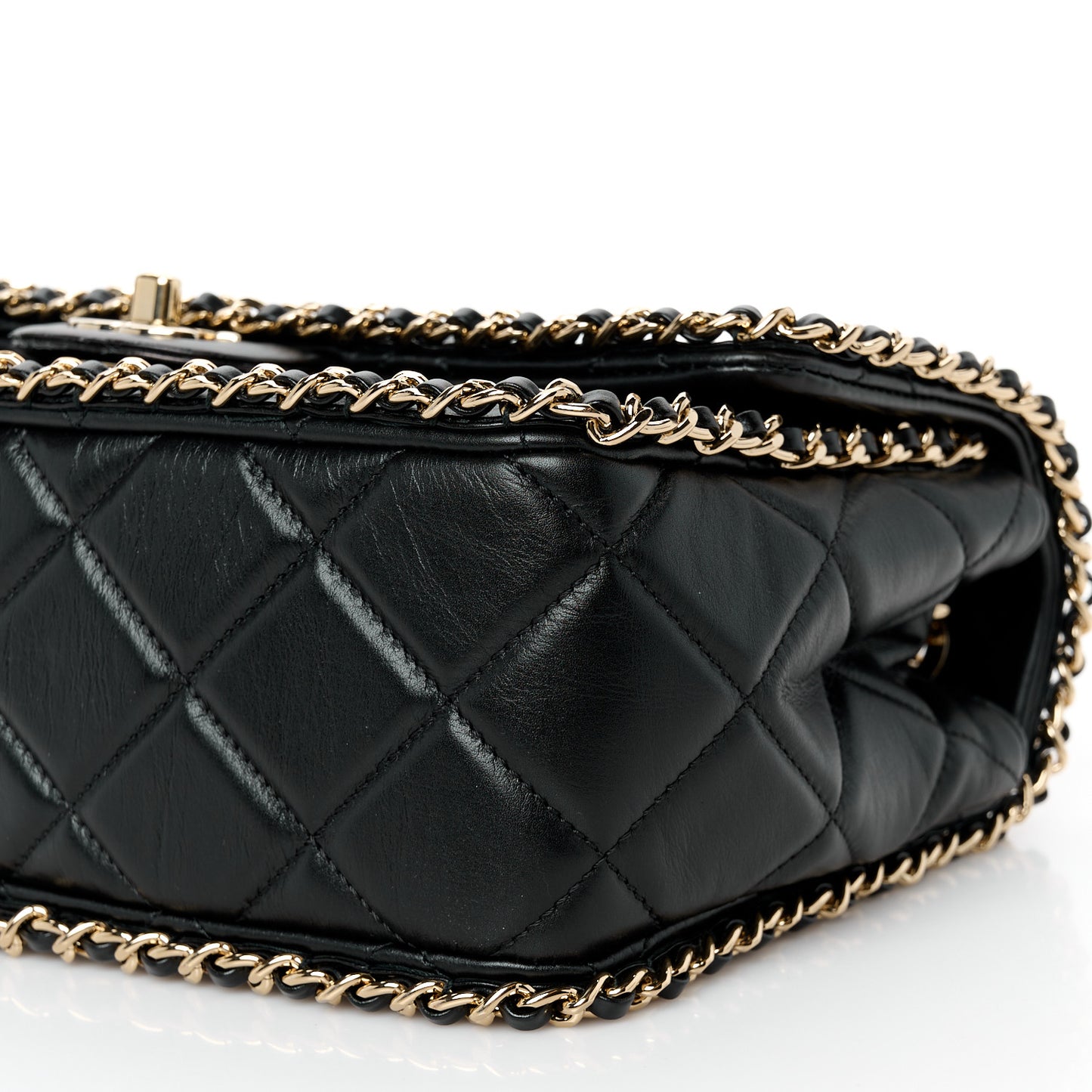 Crumpled Calfskin Medium Chain All Over Flap Black