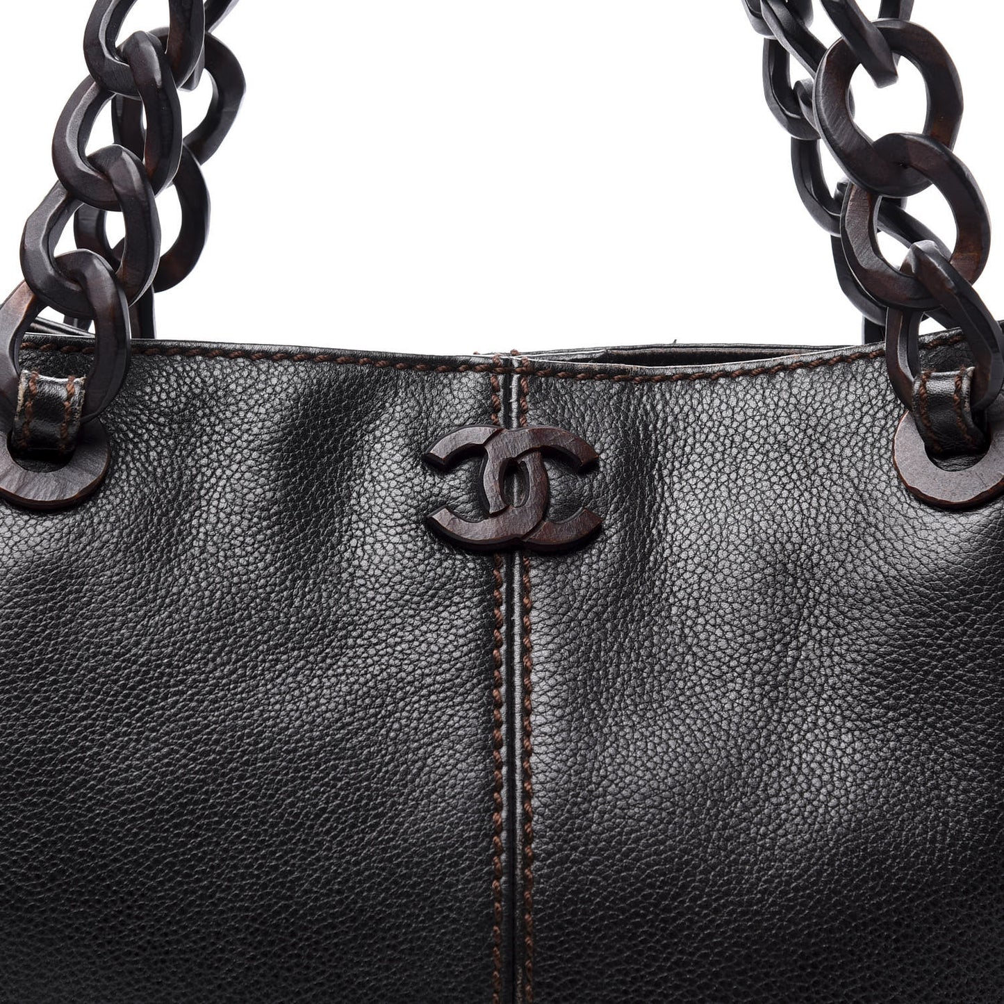 Calfskin Wood Chain Tote Black