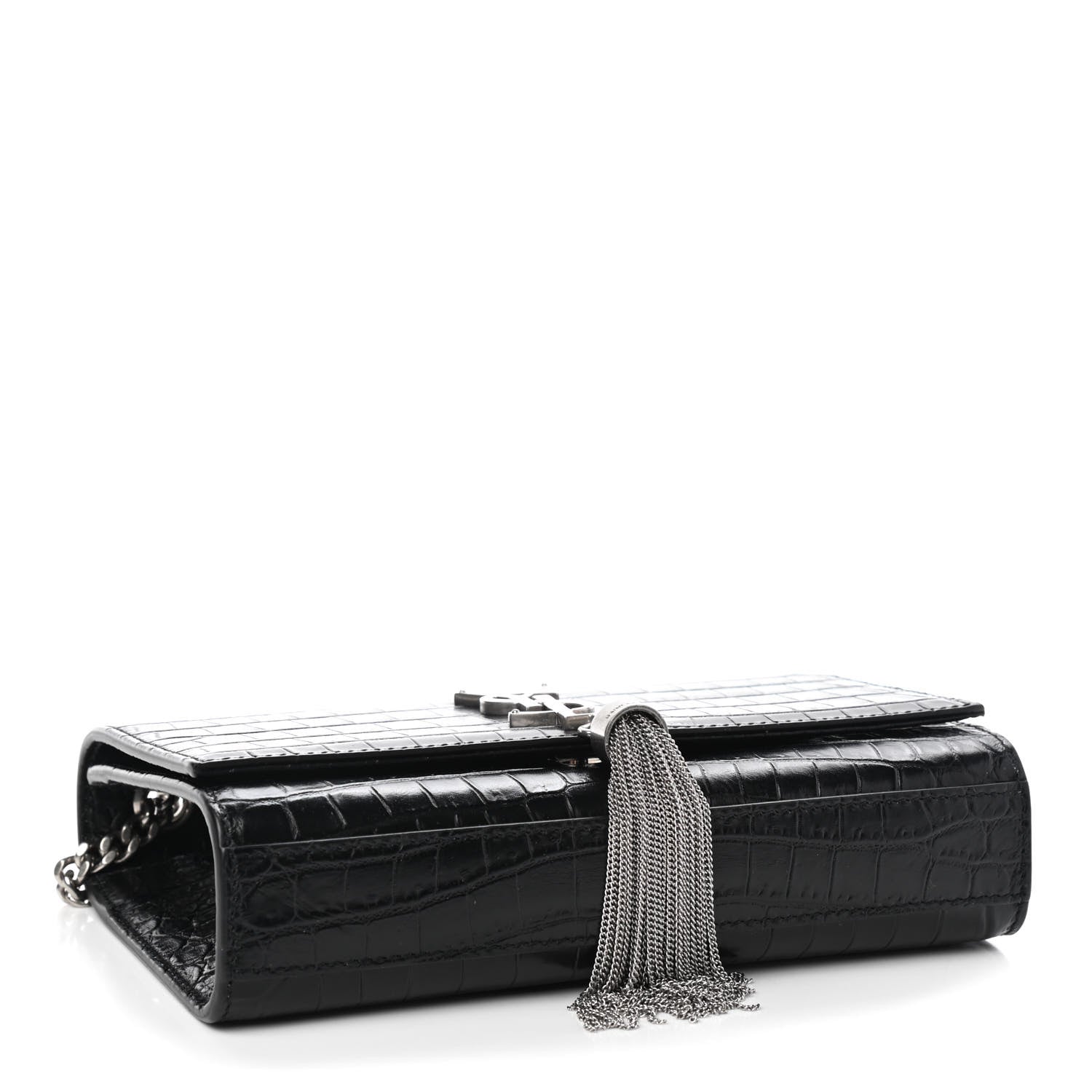 Saint Laurent Calfskin Crocodile Embossed Small Classic Monogram Kate Tassel Satchel Black 4 of 9