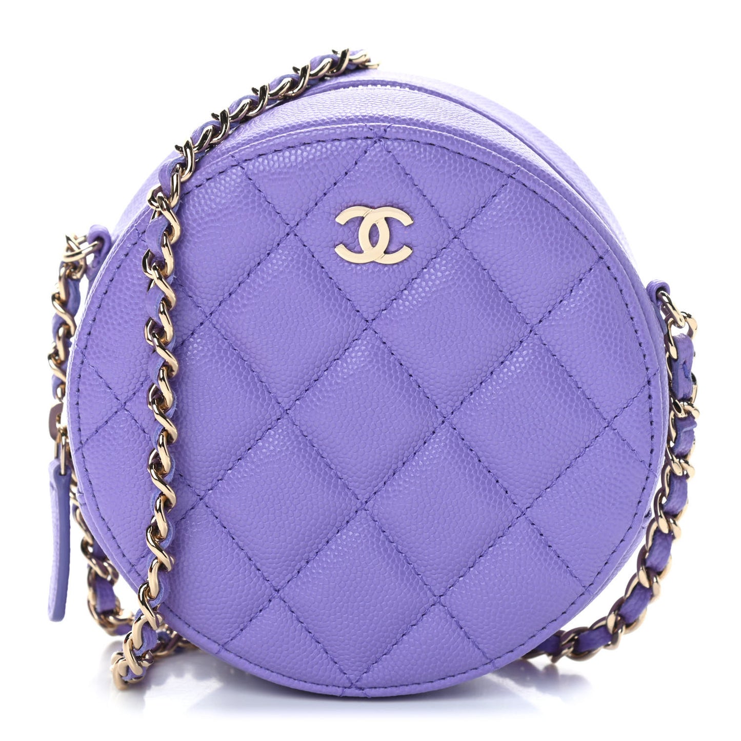 Caviar Quilted Round Clutch With Chain Purple