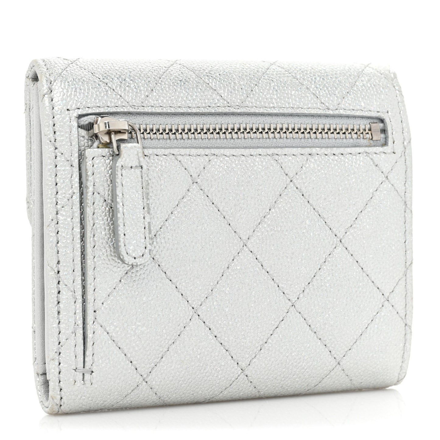 Metallic Caviar Quilted Compact Flap Wallet Silver