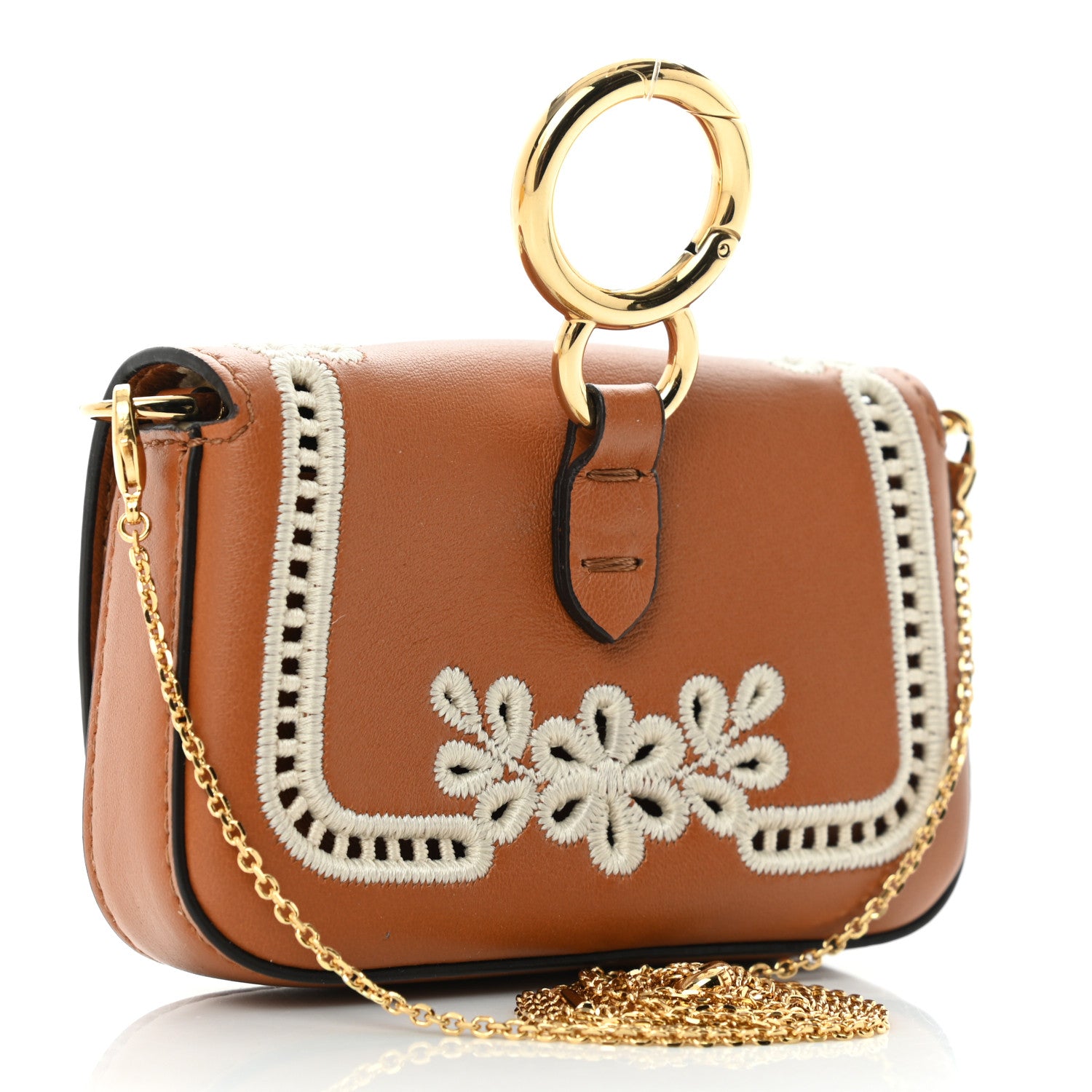 Fendi Shiny Nappa Vitello King Floral Ajour Embroidered Nano Baguette Charm Brandy 2 of 9