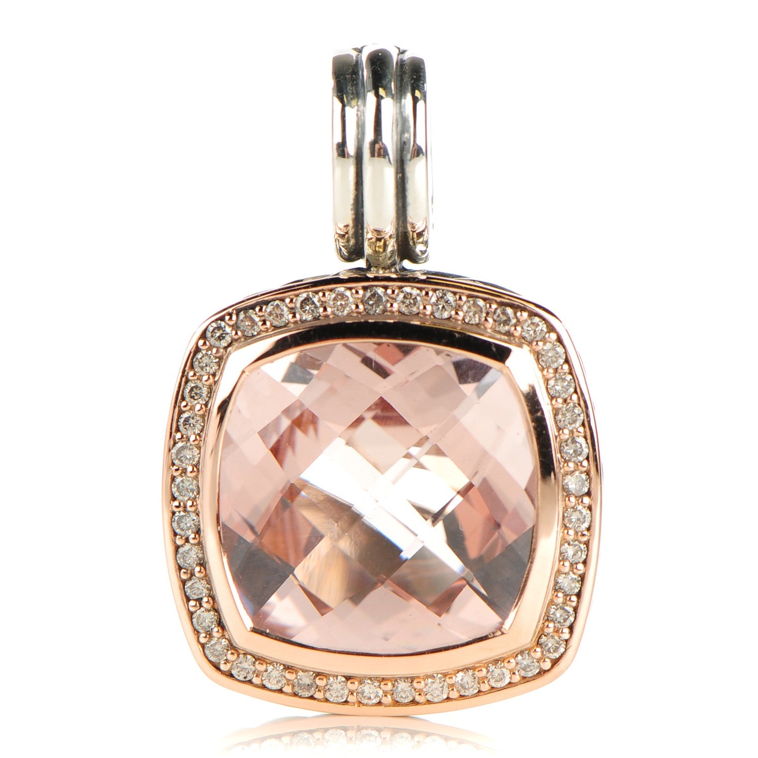David Yurman Sterling Silver 18K Rose Gold Pave Diamond 14mm Morganite Enhancer Pendant 1 of 4