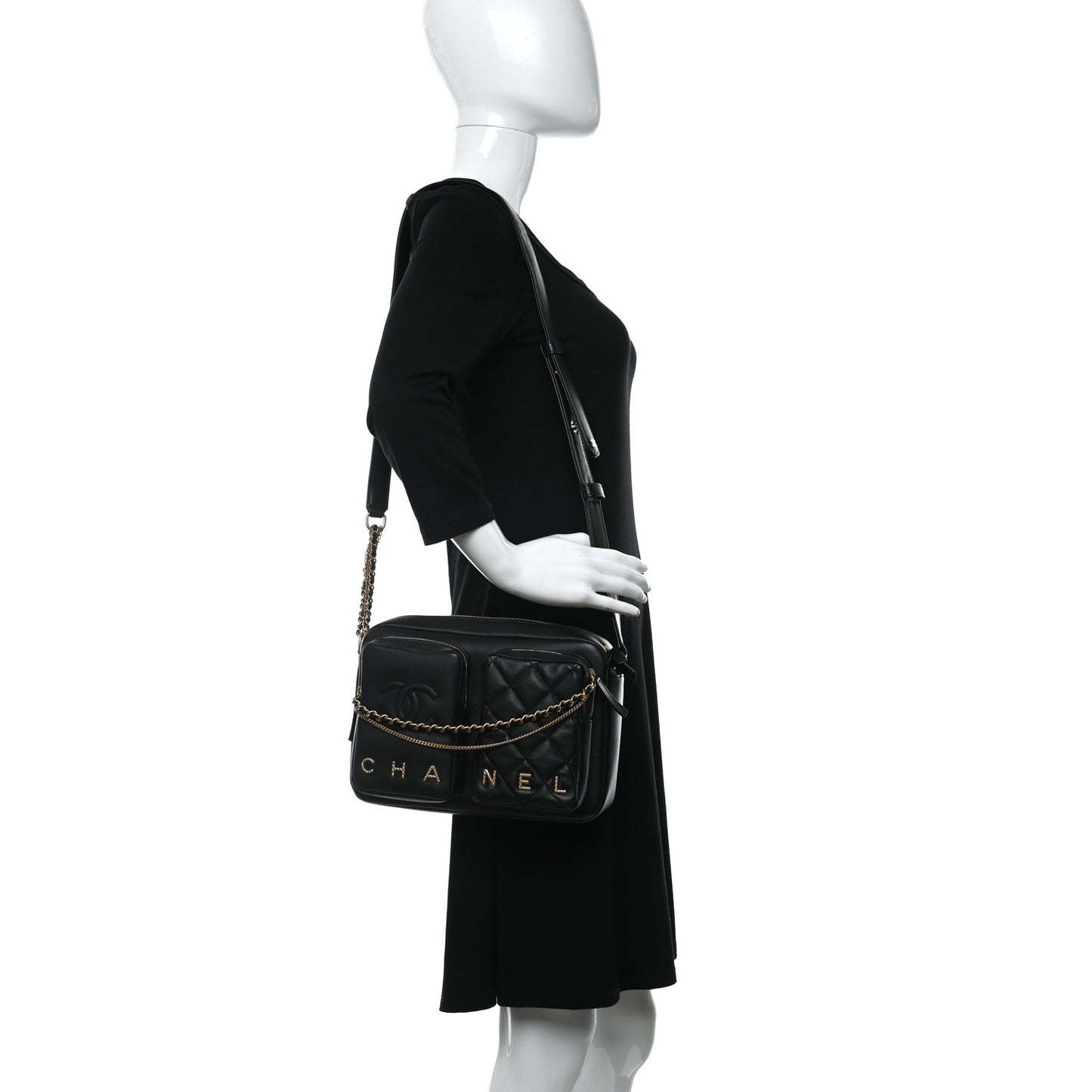 Calfskin Quilted Large Camera Case Black