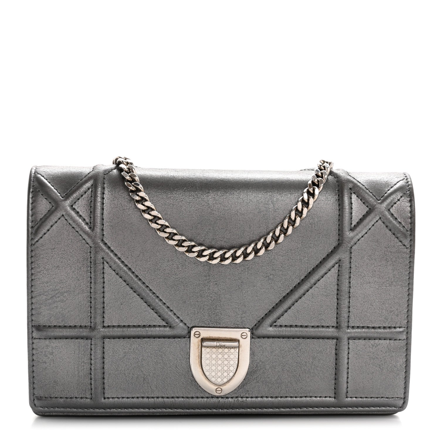 Christian Dior Metallic Grained Calfskin Diorama Wallet on Chain Pouch Gunmetal Grey 1 of 10