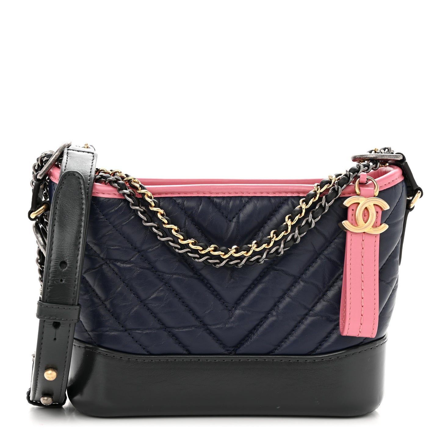Aged Calfskin Chevron Quilted Small Gabrielle Hobo Dark Pink Navy