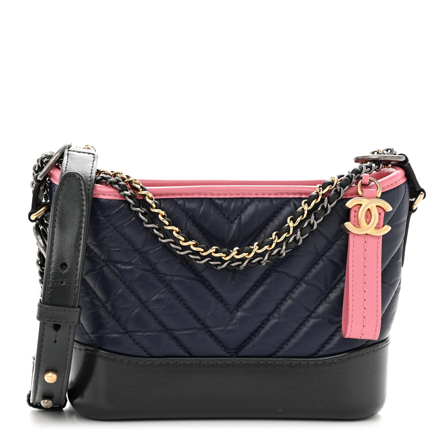 Chanel Aged Calfskin Chevron Quilted Small Gabrielle Hobo Dark Pink Navy 1 of 13