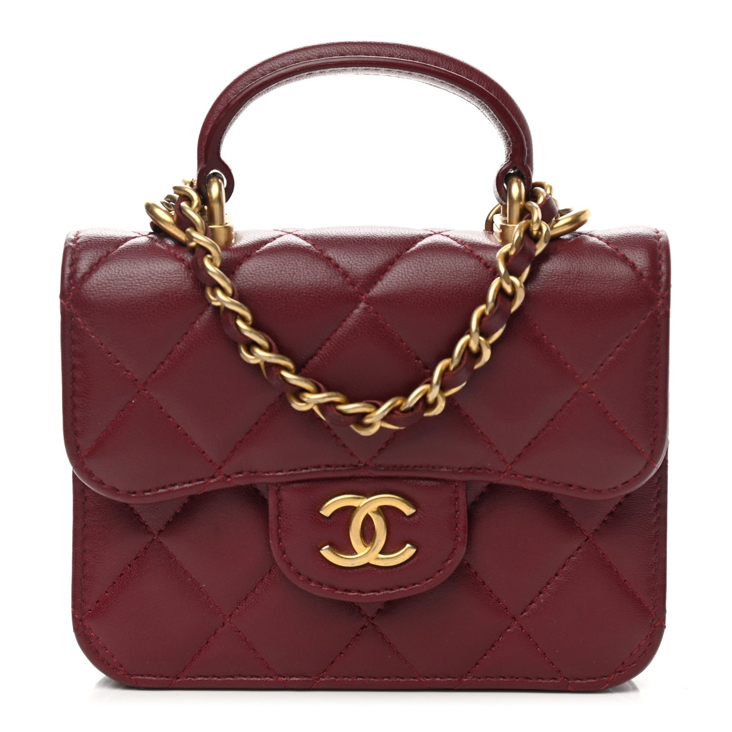Lambskin Quilted Top Handle Flap Coin Purse With Chain Burgundy