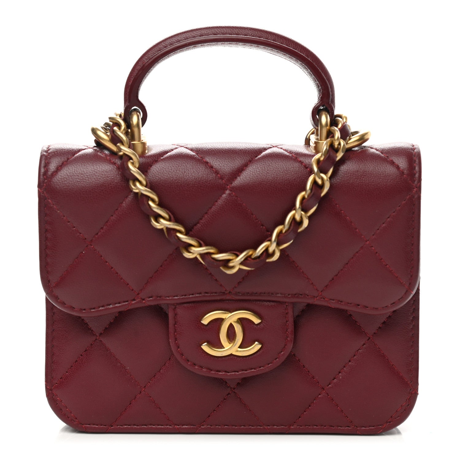 Chanel Lambskin Quilted Top Handle Flap Coin Purse With Chain Burgundy 1 of 12