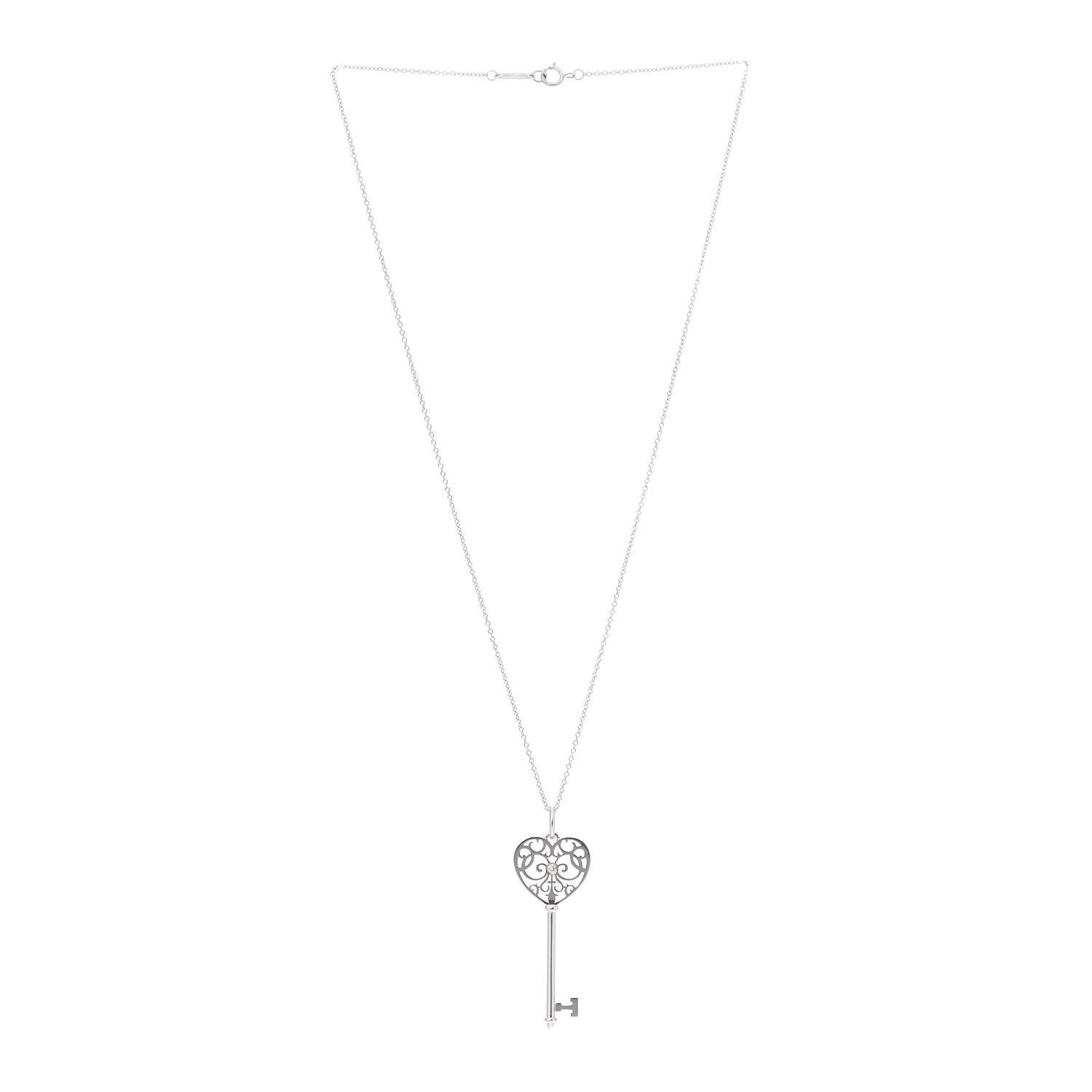 Tiffany 18K White Gold Diamond Enchant Heart Key Pendant Necklace 3 of 7