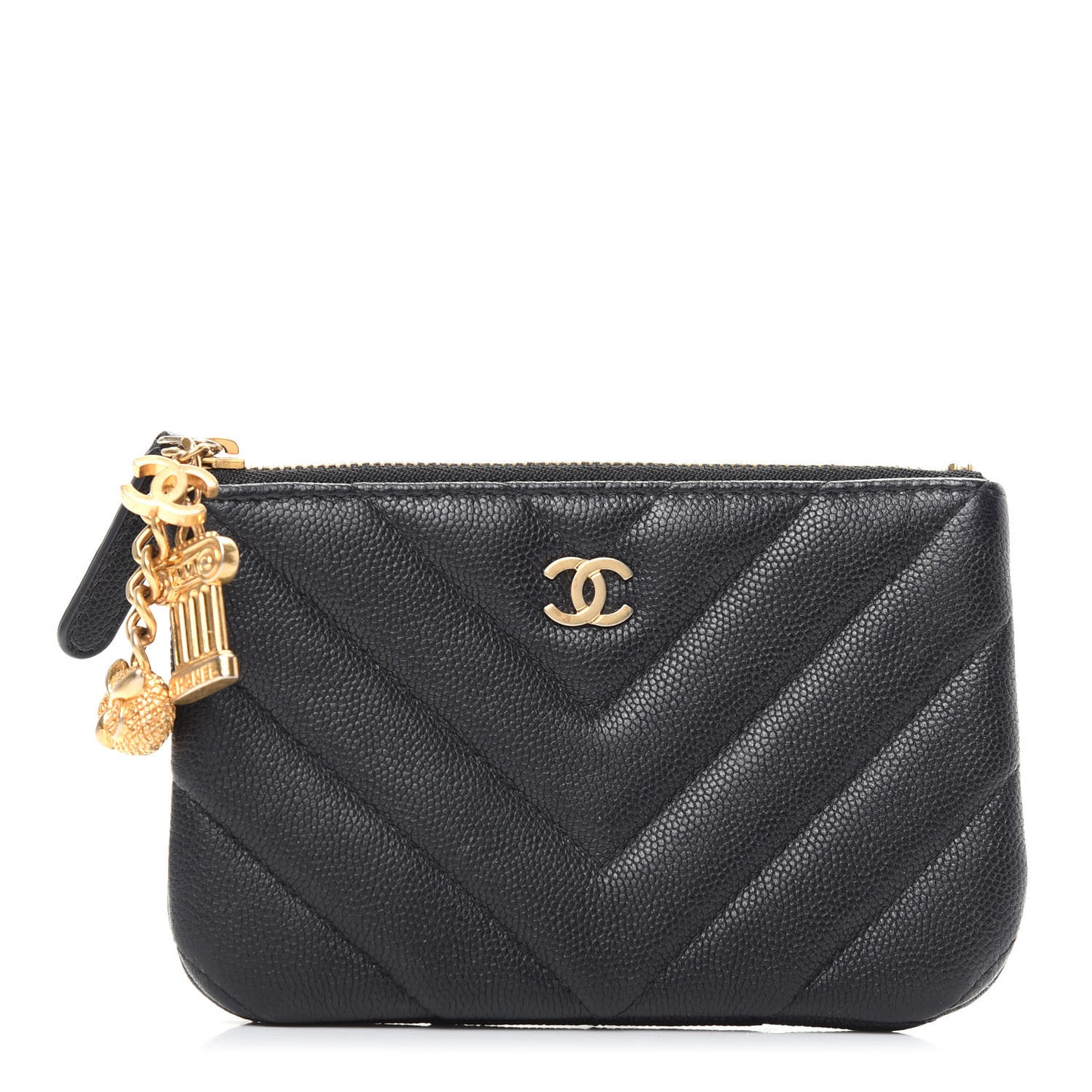 Caviar Chevron Quilted Small Ancient Greek Charms Cosmetic Case Black