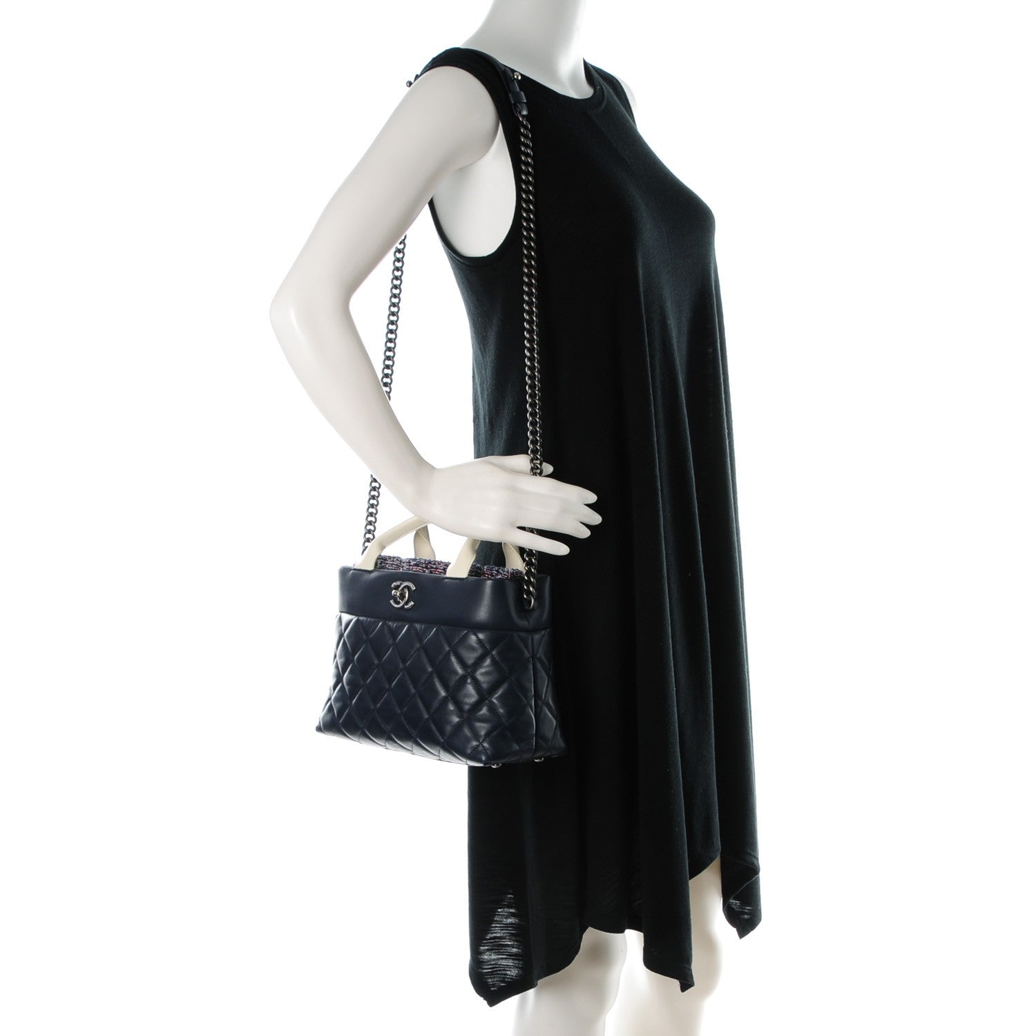 Chanel Calfskin Tweed Quilted Small Tote Navy Multicolor 2 of 8