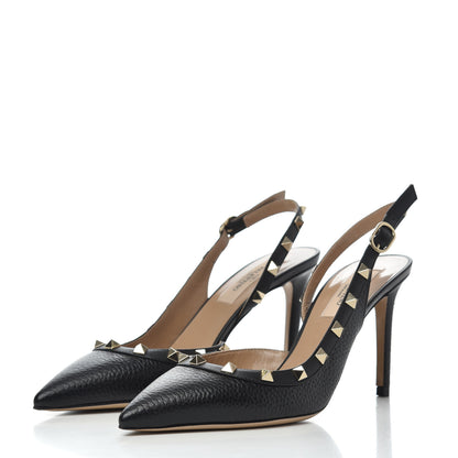 Valentino Garavani Pebbled Calfskin Rockstud Half d'Orsay Slingback 85mm Pumps 37.5 Black 3 of 12