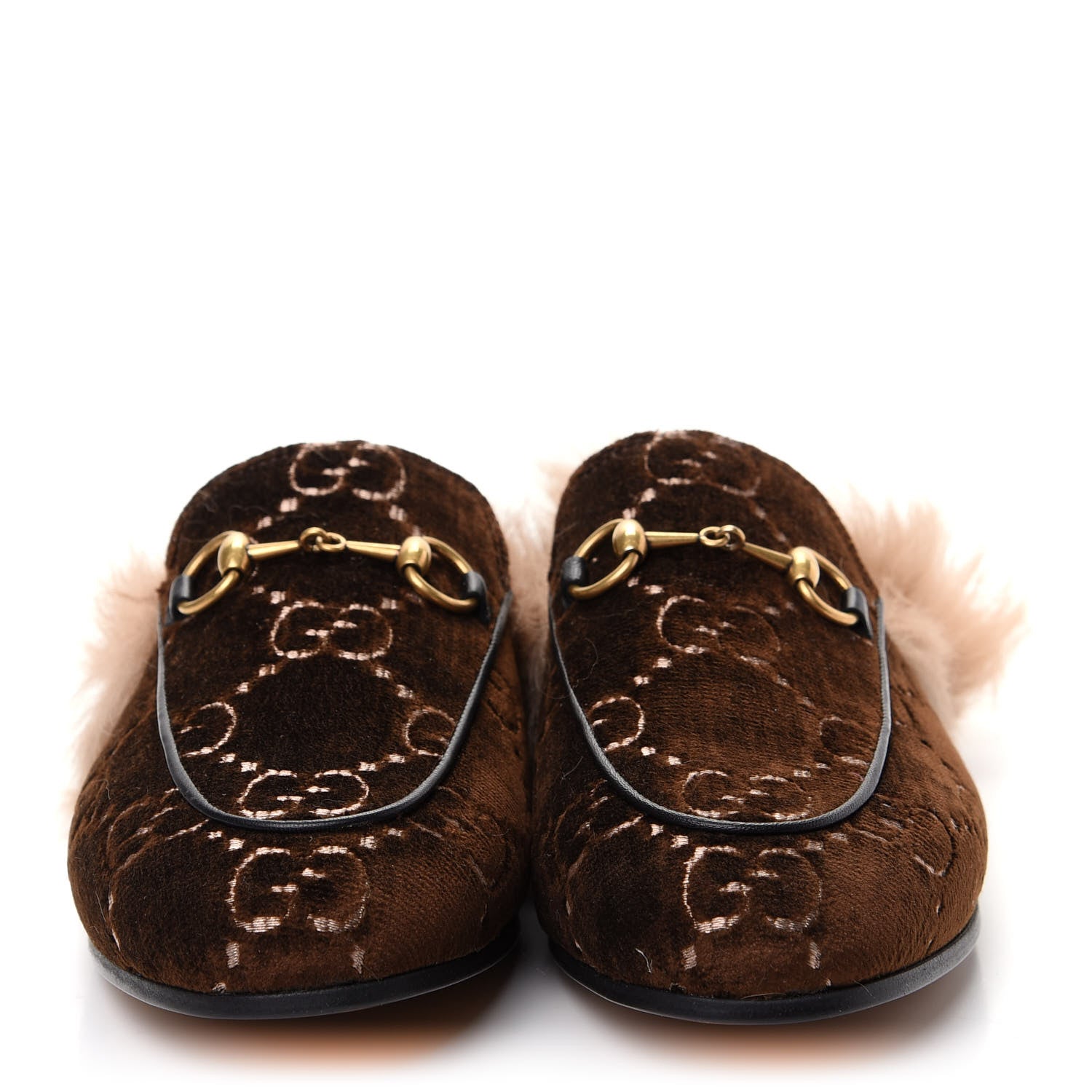 Gucci Velvet GG Monogram Fur Womens Princetown Slippers 37 Brown Black Natural 2 of 10