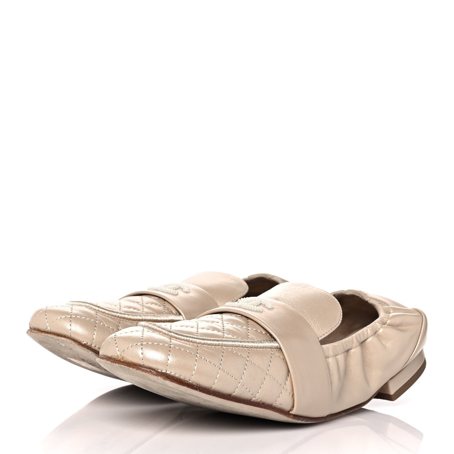 Chanel Laminated Lambskin Womens Quilted Elastic CC Moccasin Loafers 41.5 Beige 3 of 9