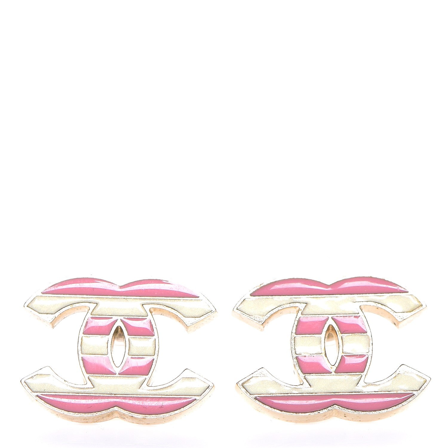 Chanel Enamel Striped CC Earrings Pink White Gold 1 of 5