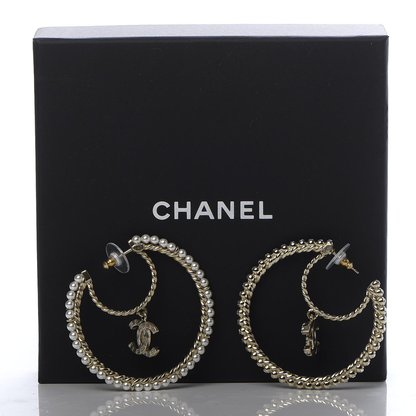 Crystal Pearl CC Drop Hoop Earrings Gold Pearly White