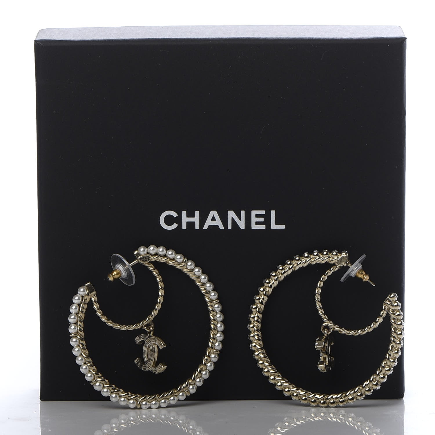 Chanel Crystal Pearl CC Drop Hoop Earrings Gold Pearly White 7 of 7