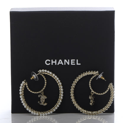 Chanel Crystal Pearl CC Drop Hoop Earrings Gold Pearly White 7 of 7